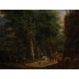 Reserve: 2500 EUR        Gessner, Johann Conrad zugeschrieben: Waldlandschaft mit Figuren. Öl/