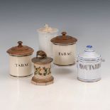 5 Tabaktöpfe. 19. Jh. 4 x Keramik, 1 x bemaltes Weißblech. 2 gleiche, beige glasierte Zylinder-Töpfe