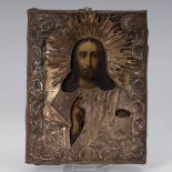 Reserve: 80 EUR        Ikone mit Oklad und Christus Pantokrator. Tempera/Holz, teils vergoldeter