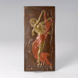 Reliefplatte: Frauenakt. Jugendstil? Keramik 3-farbig bronze- bzw. kupferfarben gefasst. Auf einer