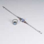Reserve: 120 EUR        Art-Déco Armband und Ring mit Imitationssteinen. 935 Silber. Hellblaue