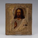 Reserve: 120 EUR        Ikone mit Oklad und Christus Pantokrator. Tempera/Holz, teils versilberter