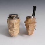 2 Pfeifenköpfe mit Männer-Gesichtern aus Massa-Meerschaum. Um 1900. Bärtige Männer mit gebogenem