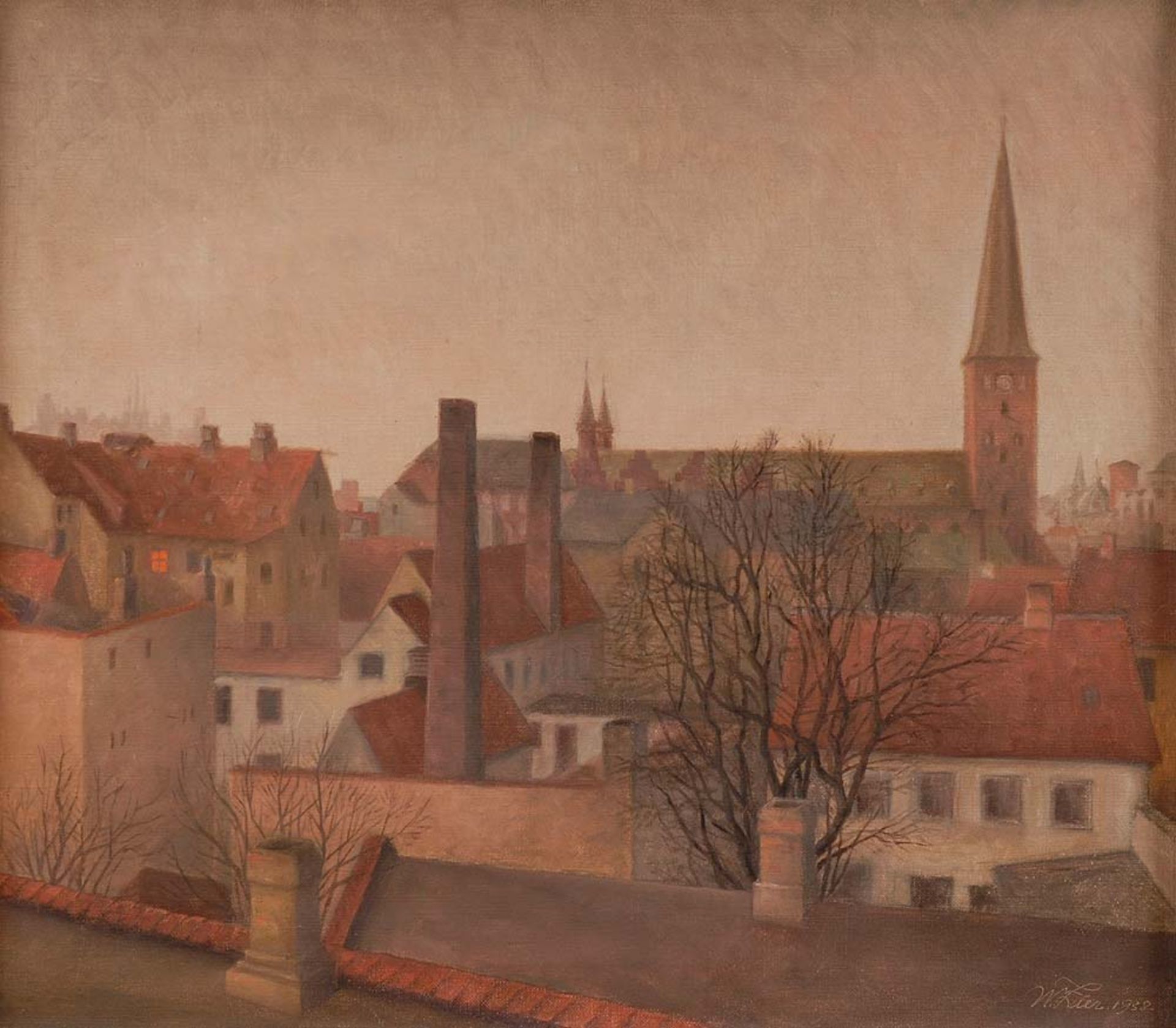 Zier, Wolmer: Stadtansicht mit Kirche. Öl/Leinwand, rechts unten Ritzsignatur/datiert: 1938. Blick