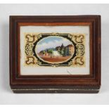Reise-Necessaire Biedermeier um 1850, papierbezogene Holzschatulle mit kolorierter Ansicht der