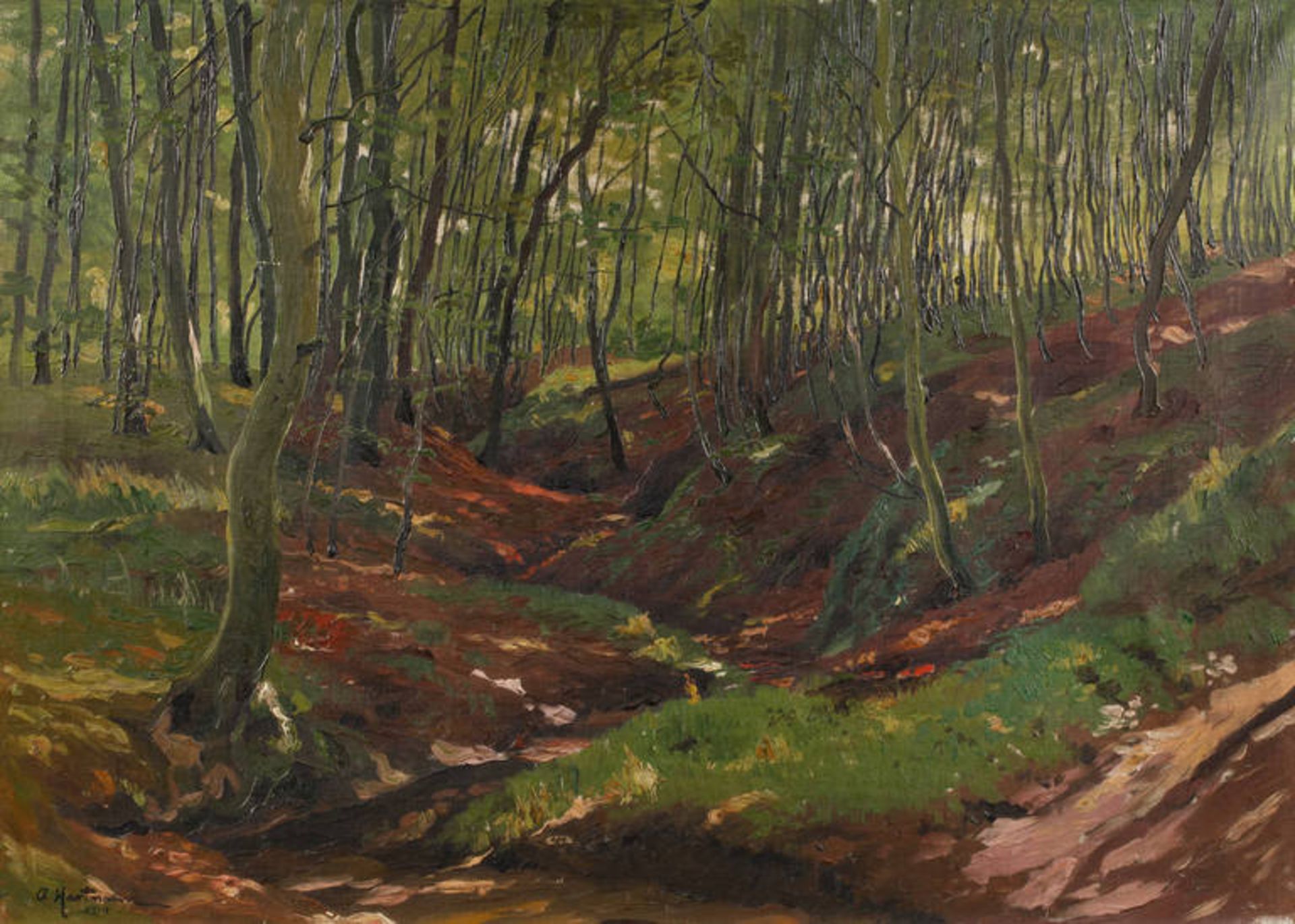 Hartmann, Waldinneres
Blick in sommerlich beleuchteten Laubwald mit schmalem Bachlauf, pastose,