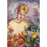 Albert Schellerer, "Monika mit Tulpen"
Halbfigurenbildnis einer jungen Frau im gelben Kleid, in