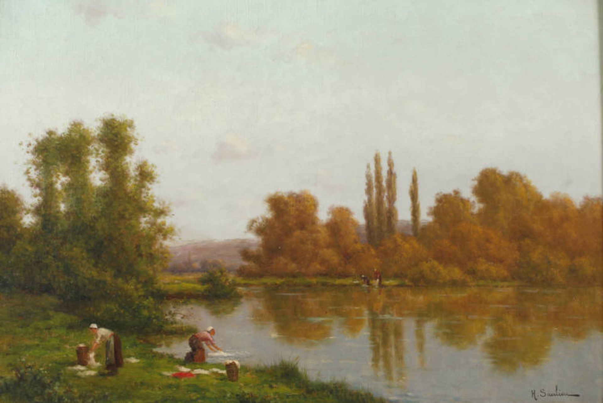 H. Saulieu, Wäscherinnen am Fluss
sommerliche Landschaft am Fließ, mit jungen Frauen beim Spülen der