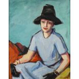 Albert Schellerer, "Monika"
Halbfigurenbildnis einer sitzenden jungen Frau im blauen Gewand,