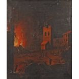 Die brennende Stadt
nächtliche Szene einer in Flammen stehenden Stadt, deren zahlreiche Bewohner