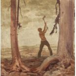 Max Frey, "Im Urwald"
Blick, zwischen zwei hohen Nadelbäumen hindurch, auf muskulösen jungen Mann,