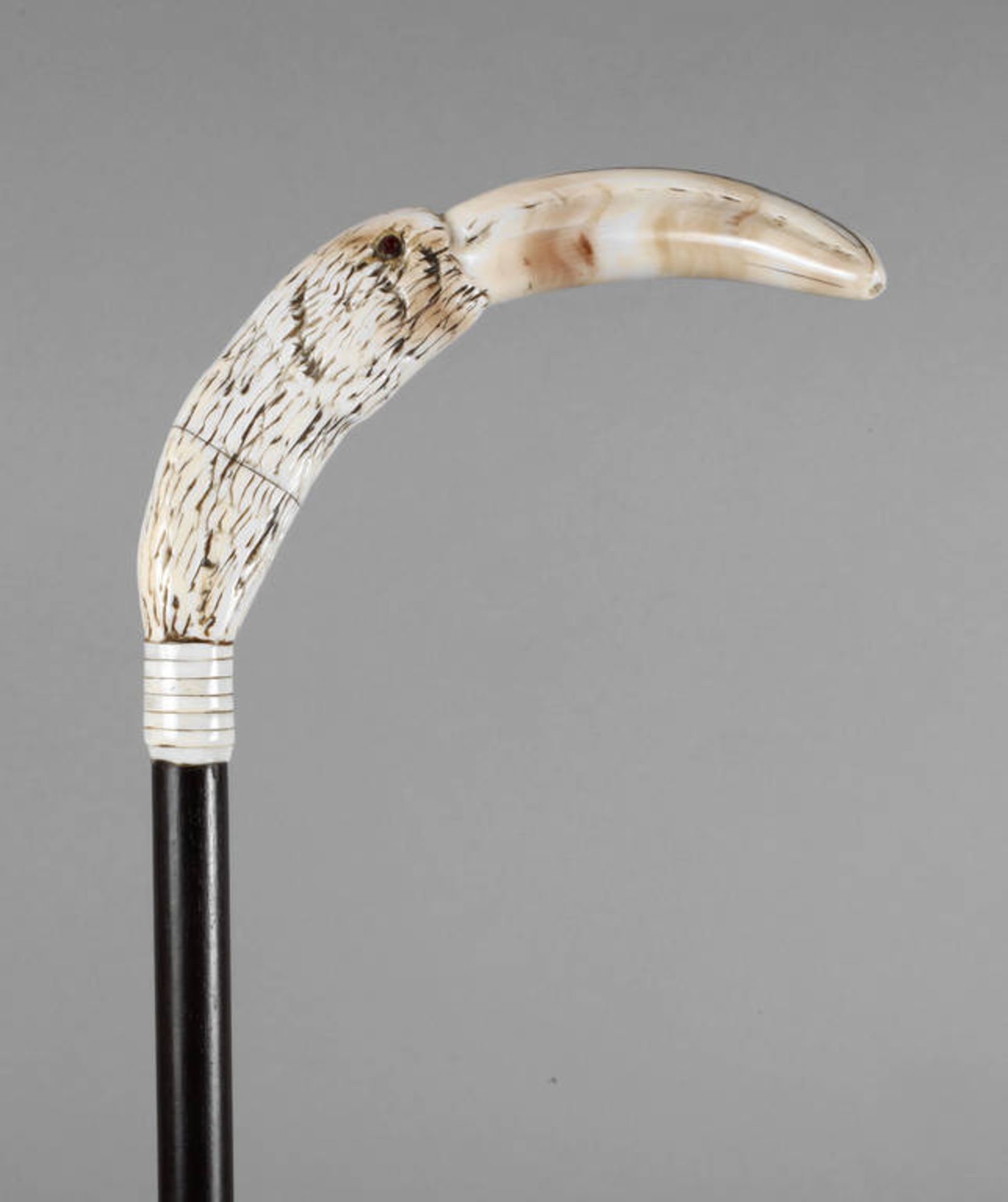 Stock Vogelkopf
um 1920, aus einem massiven Keilerzahn geschnitzt, mit eingesetzten Glasaugen,