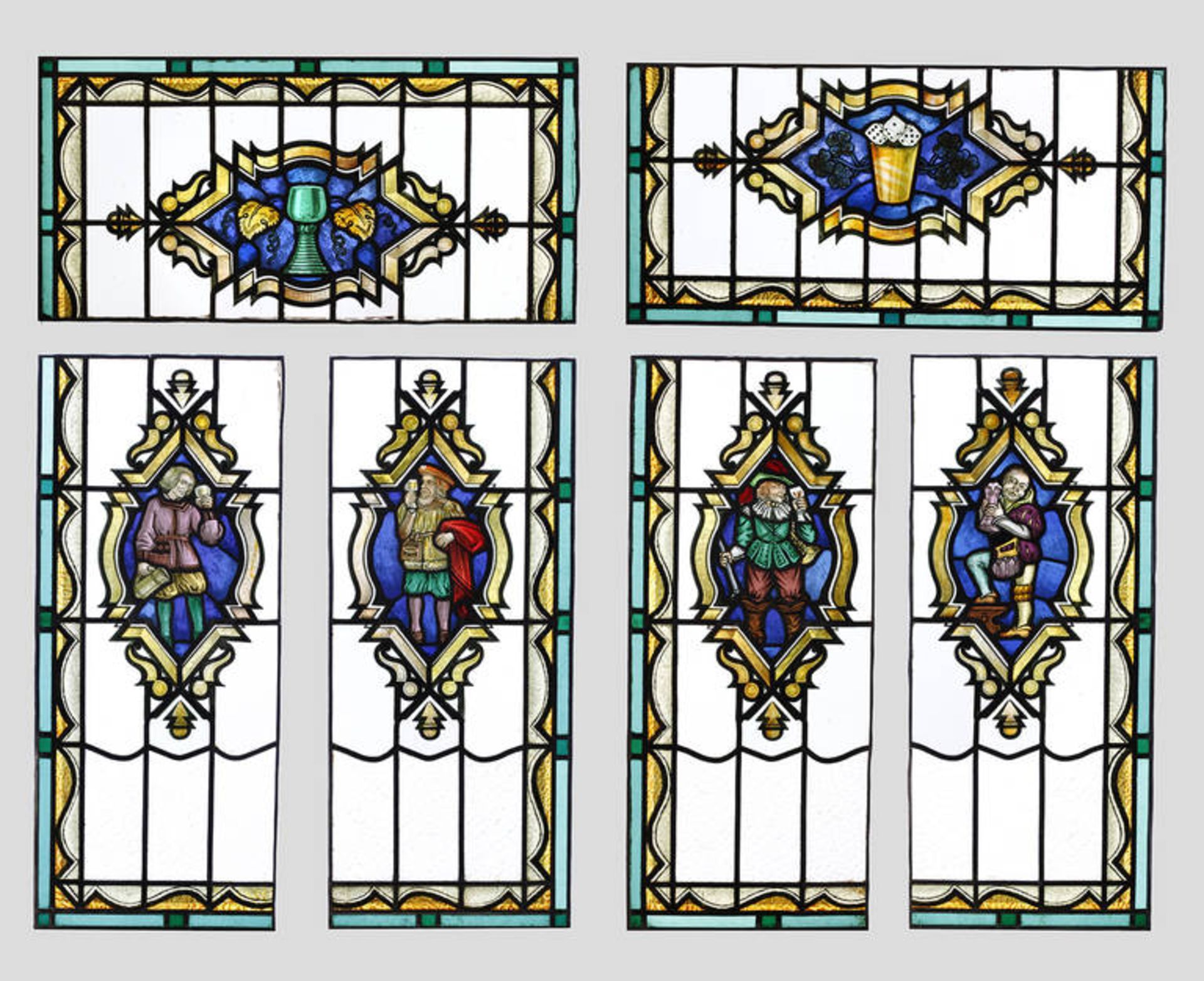 Großes Bleiglasfenster
sechsteilig, um 1920, aus einer Weingaststätte, Farb- und Ornamentglas fein