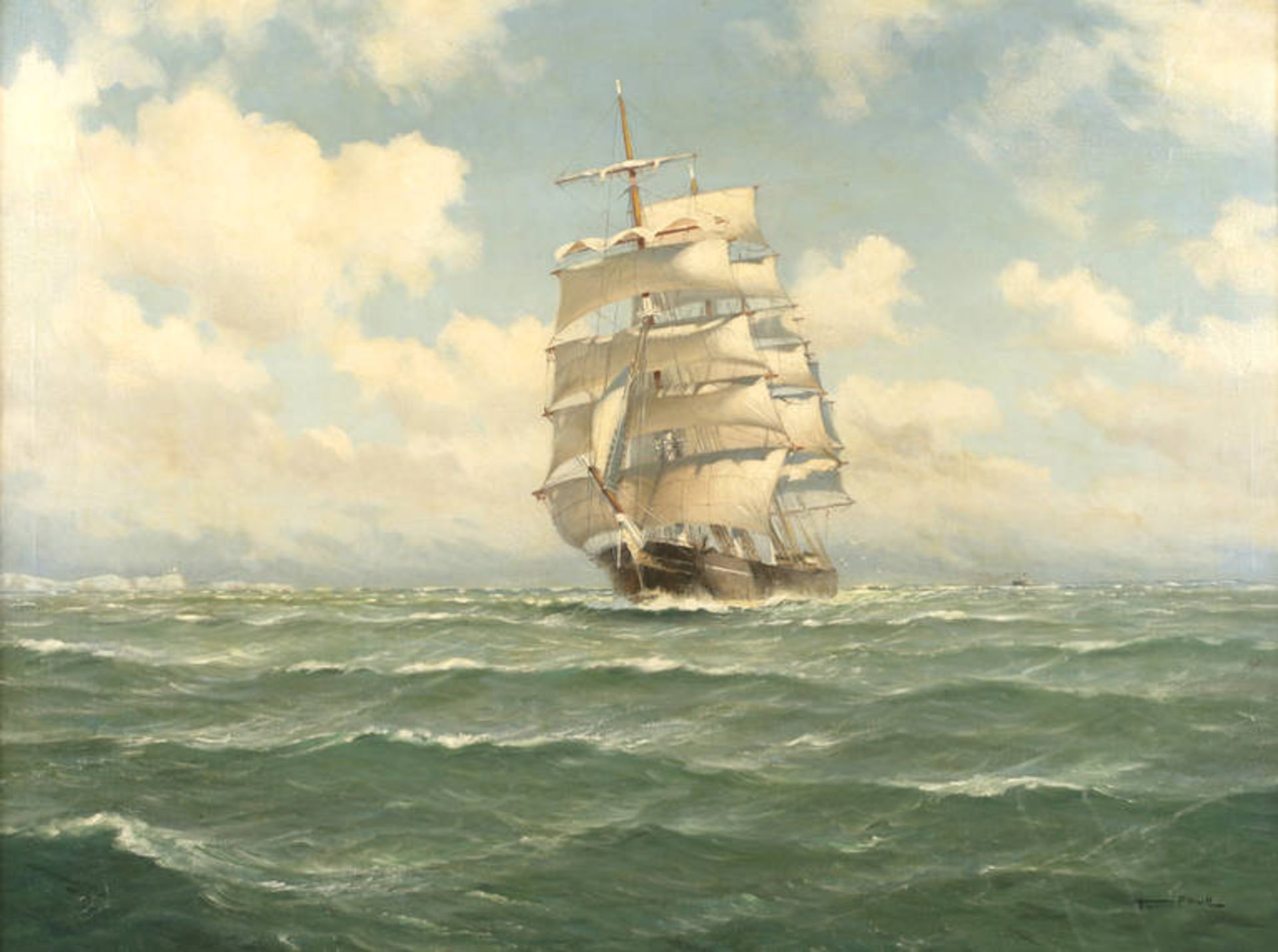 Hermann Pikull, Segelschiff auf hoher See
Dreimaster unter vollen Segeln auf wogender See, trefflich