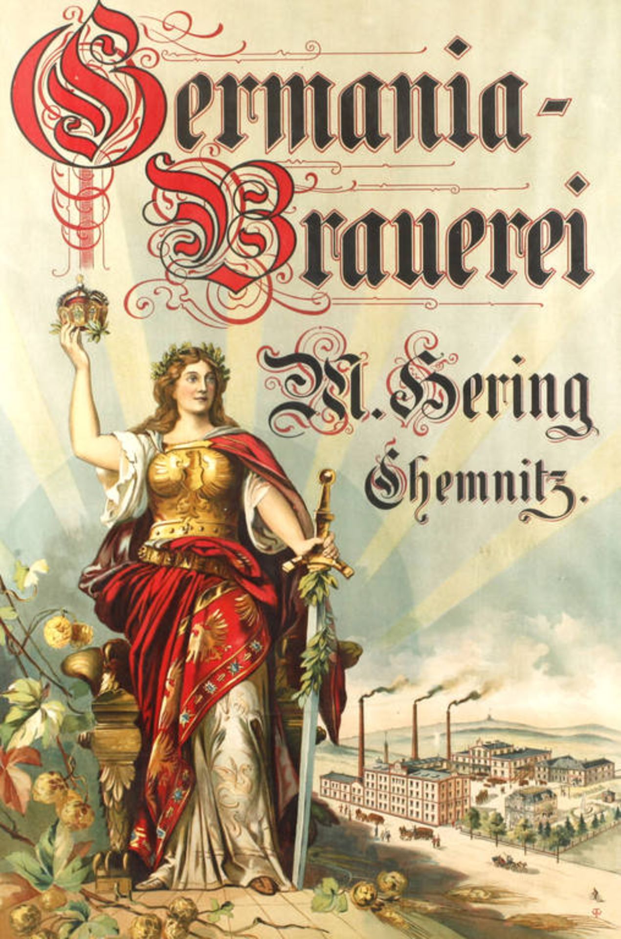 Brauereiplakat Chemnitz
Germania Brauerei, Hering Chemnitz, um 1900, große Chromolithographie mit
