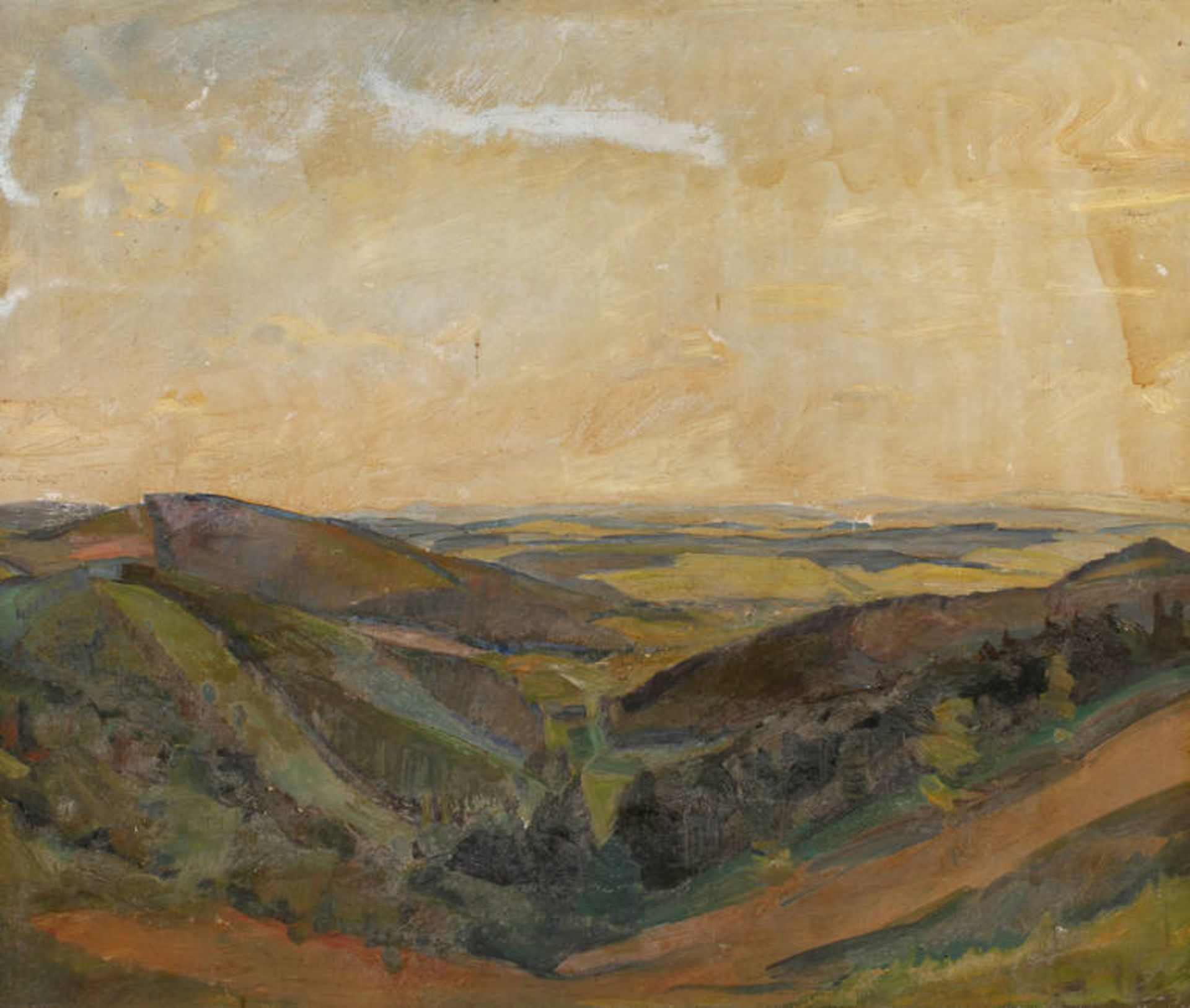 Paul Kessler, Mittelgebirgslandschaft
Blick von einer Anhöhe in weite bewegte Landschaft unter