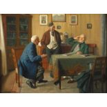 Max Barascudts, im Diskurs
Blick in ein gutbürgerliches Interieur mit drei Herren am Tisch,