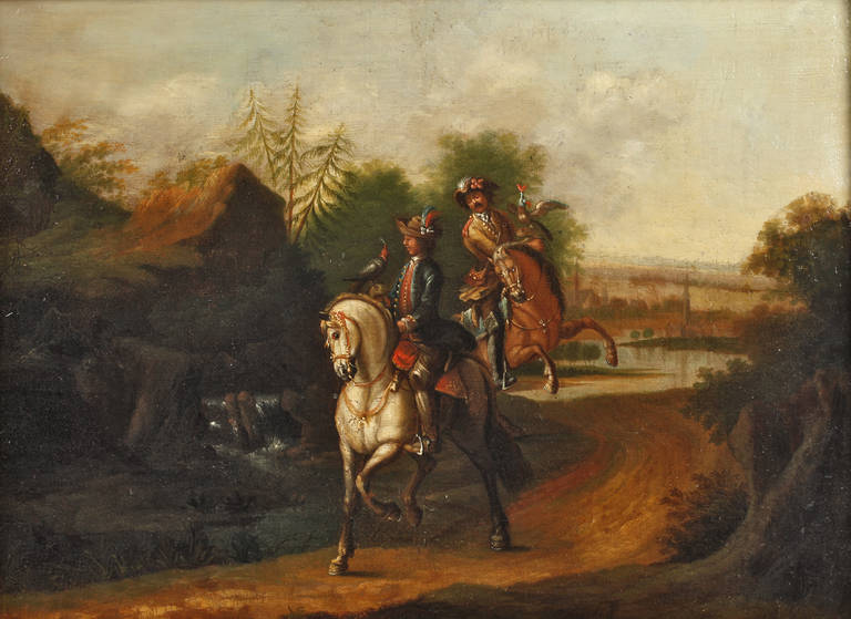 Barocke Beizjagd
in der Art von Phillips Wouerman (1619-1668), zwei Falkner mit ihren Greifvögeln zu