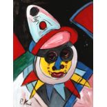 Peter Robert Keil, Clownsportrait
farbenfrohes Kopfbildnis, Acryl auf Hartfaser, um 1980, links