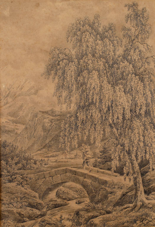 Johann Wilhelm Schirmer, attr., Berglandschaft mit Wanderer
detailreich gezeichneter Blick in eine