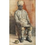 Hans Jemüller, Orientalenportrait
Ganzfigurenbildnis eines sitzenden Inders mit Turban, unten in der
