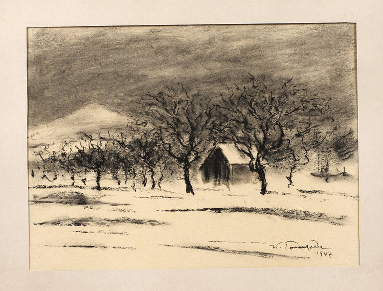 Karl Tomforde, Winterlandschaft mit Scheune
Blick über ein Feld mit kahlen Bäumen und