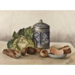 J. M. Lados, Küchenstillleben
Arrangement aus Salatkopf, Kartoffeln, Zwiebeln und Baguette neben