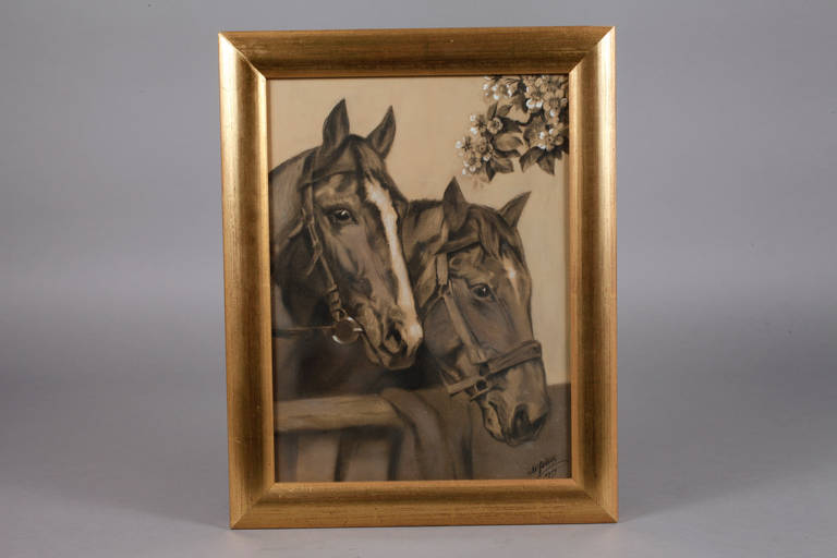 Pferdeportrait
possierliche Darstellung zweier gezäumter Pferdehäupter unter Kirschzweigen, - Image 3 of 3