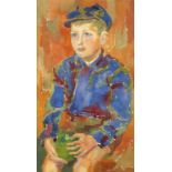 M. Houben, sitzender Junge mit Melone
flott impressionistisch erfasstes Kinderportrait, Aquarell,