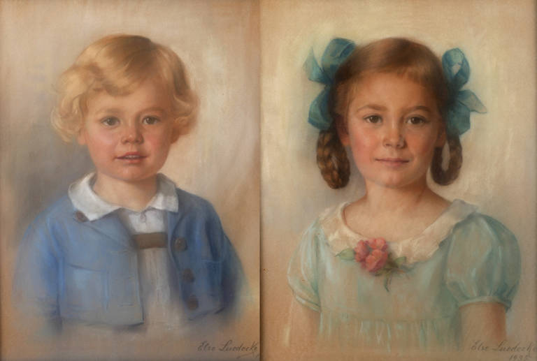 Else Luedecke, zwei Kinderportraits
Junge und Mädchen mit Zöpfen, Pastell auf hellem Malpapier,