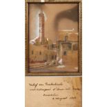 Kurt Schiering, Ansicht Jerusalem
Blick vom Vorhof der Grabeskirche auf das Minarett der Omar-
