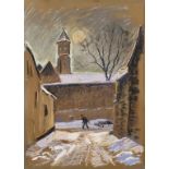 Fritz Lederle, attr., "Wintertag"
Blick durch eine winterlich verschneite Gasse auf einen