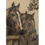 Pferdeportrait
possierliche Darstellung zweier gezäumter Pferdehäupter unter Kirschzweigen,