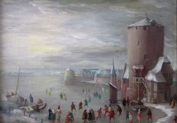 Walter SEIDEL (1950 -), Skaters in front of a city of the 17th century. 13 cm x 18 cm. Painting, oil
