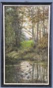 Forst pond circa 1900. 33 cm x 19 cm. Painting, oil on canvas. Signed lower right. Undeutlich