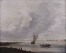 After Jan Jozefsz. VAN GOYEN (1596-1656). 3 merchants in a rowing boat. 50 cm x 61 cm. Painting, Oil