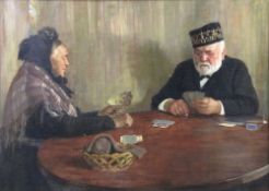 Genre painter (XIX / XX). Couple playing cards. 81 cm x 111 cm. Painting, Oil on canvas. bottom