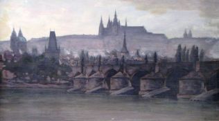 IMPRESSIONIST. Prague, Charles Bridge and Prague Castle, circa 1920 30 cm x 51 cm. Painting, oil