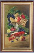 R. ARNDT (XIX - XX), fruit still life with glass of champagne, lobster and caviar 1921. 61 cm x 36