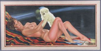 LAUSMANN 1971. Nude "Plymate" with a Poodle. 49 cm x 109 cm. Painting oil on canvas signed and dated