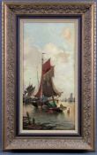 Indisstinctly signed (XIX). Port in the Netherlands with flat-bottomed boats. 54 cm x 27 cm.