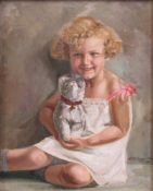 Portrait. Girl with dog. 30 cm x 24 cm. Painting, oil on canvas. Bottom right indistinctly signed.