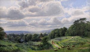 Frederick BUCKSTONE (1857 - 1911). Walk through an english landscape with sheep. 36 cm x 61 cm.