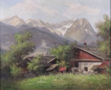 IMPRESSIONIST (XX), View from Garmisch-Partenkirchen towards the Zugspitze. 63 cm x 78 cm. Painting,