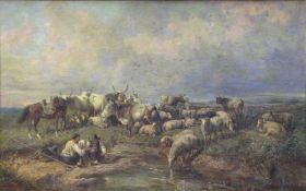Hungarian school. Shepherds and cattle at the rest. 127 cm x 80 cm. Oil on canvas mounted on