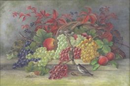 Ida WOY (XIX -XX). Still life with fruits and birds, probably tits. 55 cm x 82 cm. Painting oil on