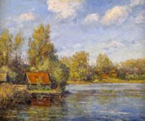 Leo KLEIN VON DIEPOLD (1865-1944), Lake with boat house. Impressionist. 50 cm x 60 cm. Painting