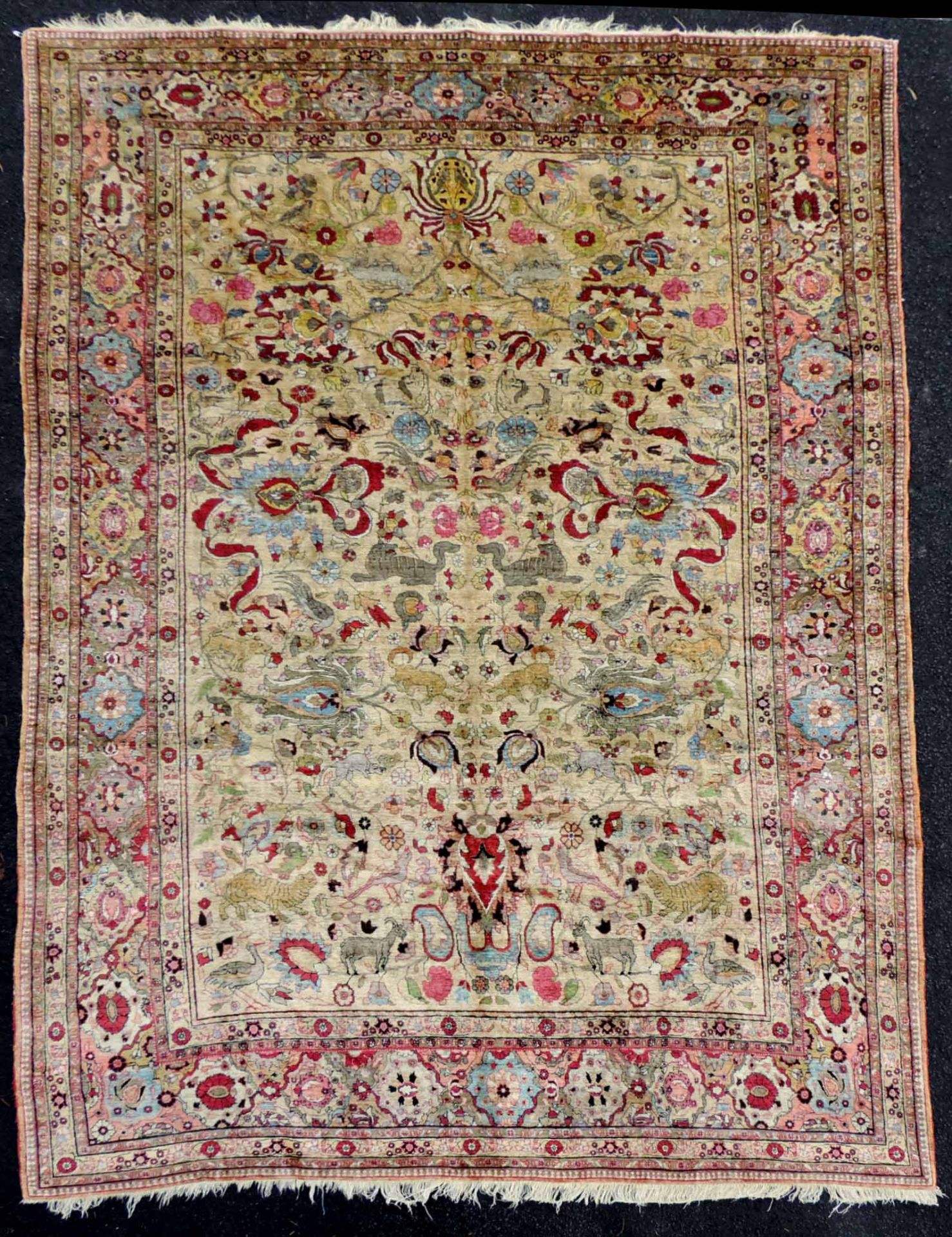 Keschan Jagdteppich, Seide. Iran, antik, 19. Jahrhundert.295 cm x 196 cm. Handgeknüpft, Seide auf