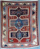 Bordjalou-Kasak. Kaukasus, antik 19. Jahrhundert.136 cm x 110 cm. Handgeknüpft. Wolle auf Wolle.