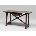 WALNUT TABLE, ANCIENT ELEMENTS with rectangular molded board and a drawer on the front. Double